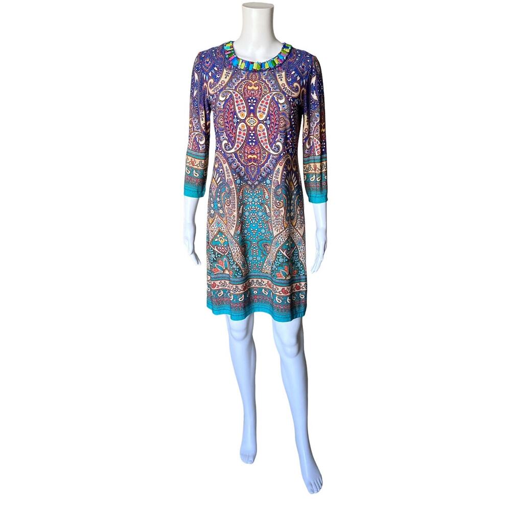 LONDON TIMES Womens Size 4 Paisley Tribal Print Long Sleeve Beaded Shift Dress